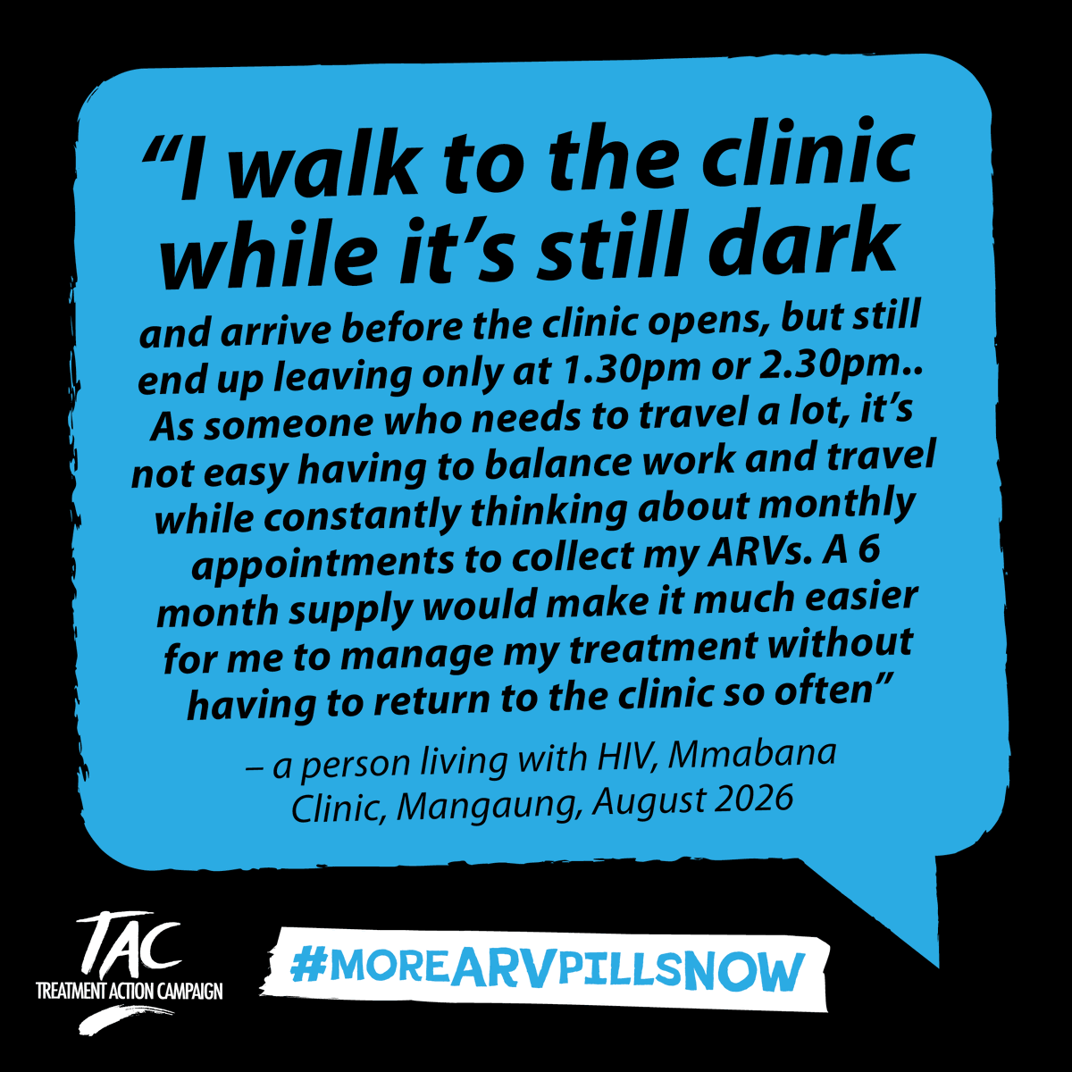 TAC's tweet photo. “As someone who needs to travel a lot, it's not easy having to balance work &amp; travel.. A 6 month supply would make it much easier for me to manage my treatment” #MoreARVPillsNow @HealthZA https://t.co/d37k9xQ1ks