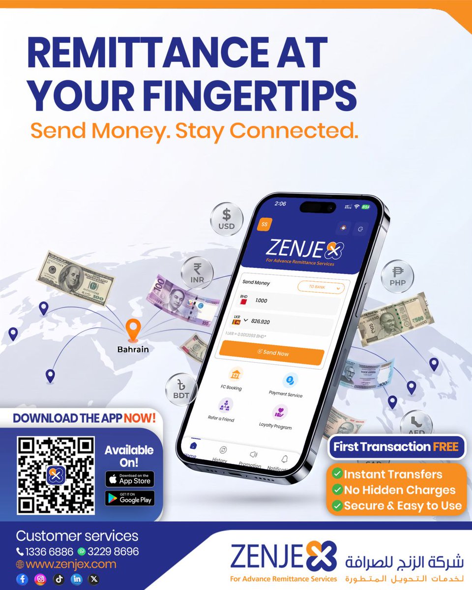 ZenjexExchange's tweet photo. Stay connected and send money instantly with just a tap. 📱✨ ZENJEX puts remittance at your fingertips. Download the app now to experience the easiest way to send money home.

Your first transaction is FREE! Enjoy instant transfers, no hidden charges, and top-notch security. https://t.co/T036URUMHp