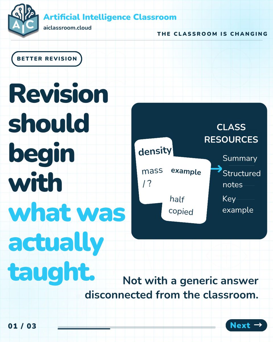aiforclassrooms's tweet photo. Revision works best when it starts with the lesson actually taught. 📚 
AIC helps students return to the teacher’s explanation through reviewed summaries and class notes—not disconnected, generic answers. Save and share. ✨
#StudentLearning #AIInEducation #AIC https://t.co/1XwgqBL7OP