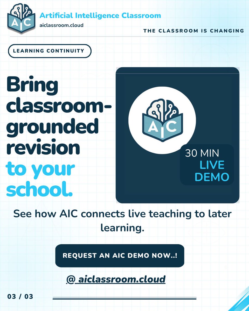 aiforclassrooms's tweet photo. Revision works best when it starts with the lesson actually taught. 📚 
AIC helps students return to the teacher’s explanation through reviewed summaries and class notes—not disconnected, generic answers. Save and share. ✨
#StudentLearning #AIInEducation #AIC https://t.co/1XwgqBL7OP