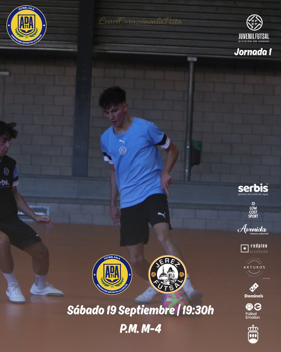 ADAlcorconFS's tweet photo. | JUVENIL DIVISIÓN DE HONOR |

El #JDH buscará empezar con 3 puntos la temporada el sábado en el M-4

🆚 @JerezFutsal 
📅 Sábado 19 de Septiembre
⌚️ 19:30
🏟️ P.M. M-4

#123Alcorcon
#ConelCorazónenlaPista💛 https://t.co/SjXWxyx1LM