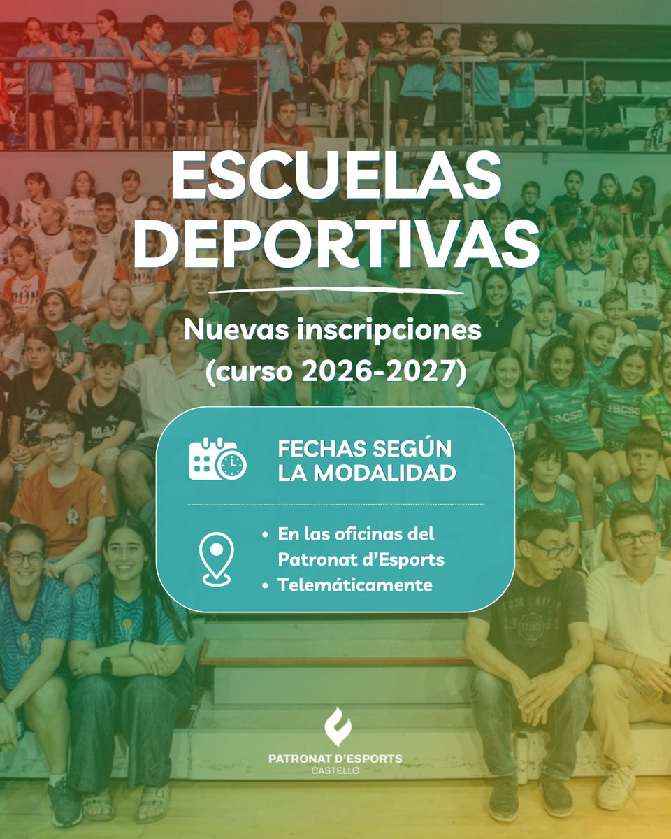 PatronatEsports's tweet photo. 📣 ¡Nueva temporada de las Escuelas Deportivas Municipales!

📅 Consulta las fechas de inscripción de cada escuela deportiva y no te quedes sin tu plaza.

Toda la información en 🔗 https://t.co/Yu6VAMHUsU

Castellón, capital del deporte. 

#CastellónEsDeporte https://t.co/agpRN6dfHF