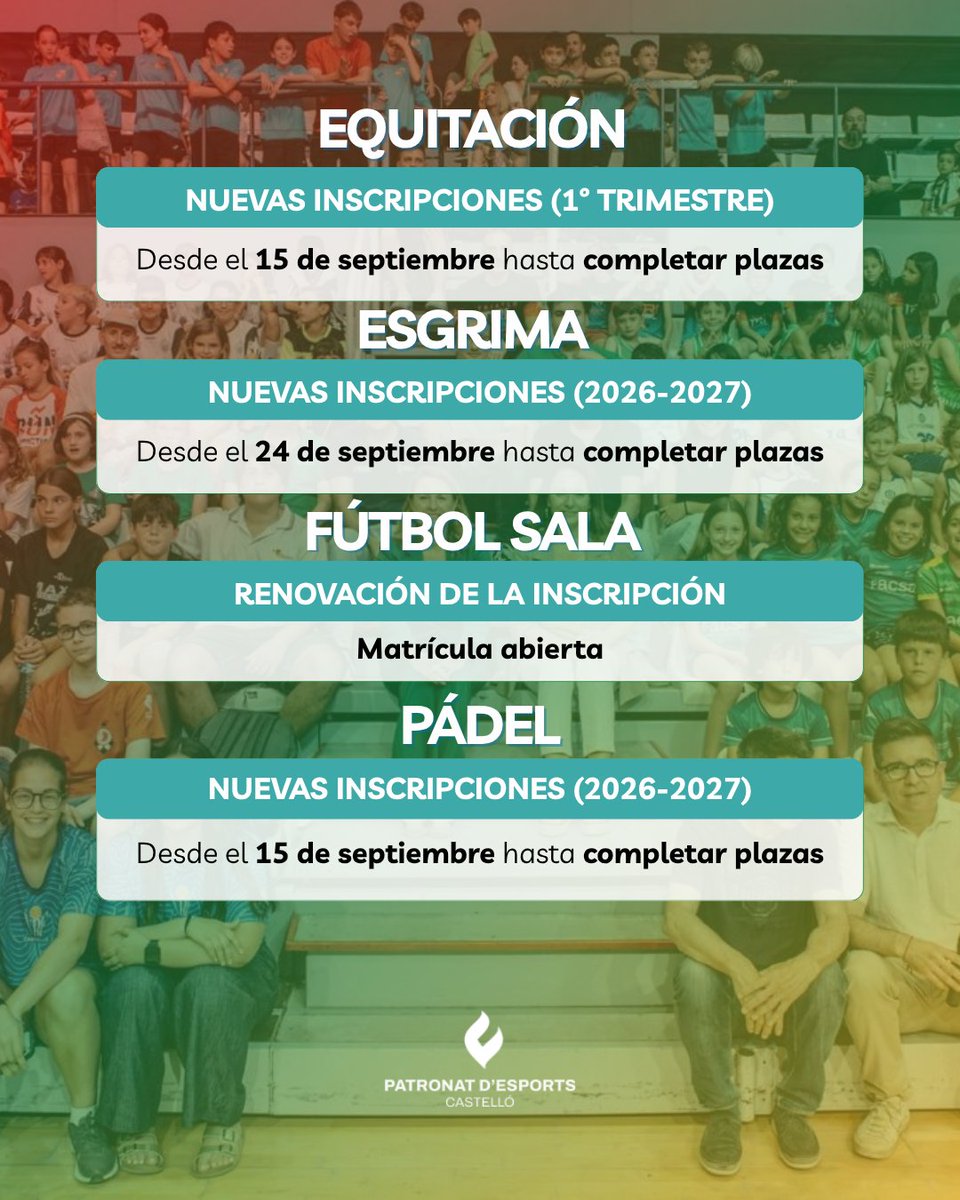 PatronatEsports's tweet photo. 📣 ¡Nueva temporada de las Escuelas Deportivas Municipales!

📅 Consulta las fechas de inscripción de cada escuela deportiva y no te quedes sin tu plaza.

Toda la información en 🔗 https://t.co/Yu6VAMHUsU

Castellón, capital del deporte. 

#CastellónEsDeporte https://t.co/agpRN6dfHF