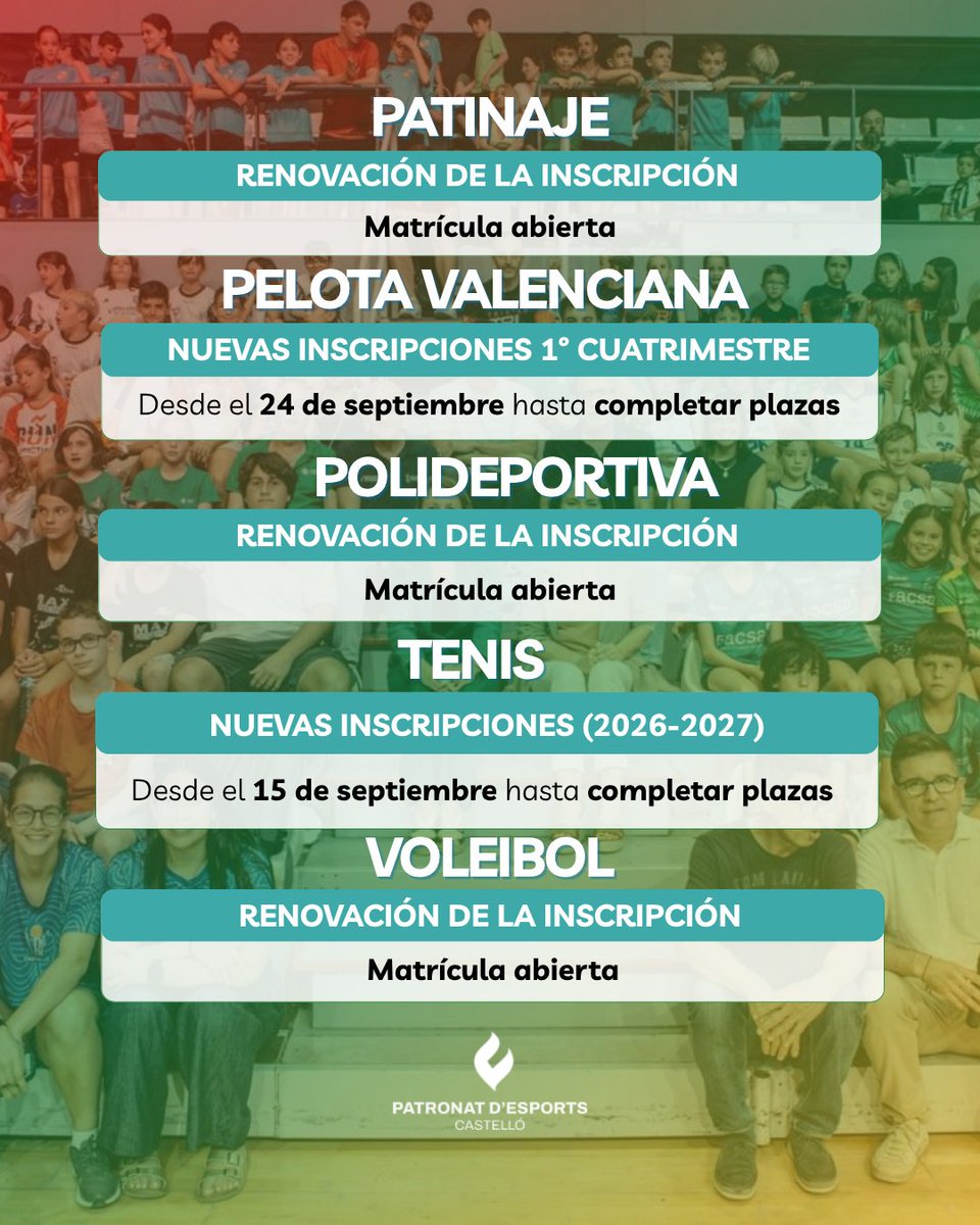 PatronatEsports's tweet photo. 📣 ¡Nueva temporada de las Escuelas Deportivas Municipales!

📅 Consulta las fechas de inscripción de cada escuela deportiva y no te quedes sin tu plaza.

Toda la información en 🔗 https://t.co/Yu6VAMHUsU

Castellón, capital del deporte. 

#CastellónEsDeporte https://t.co/agpRN6dfHF