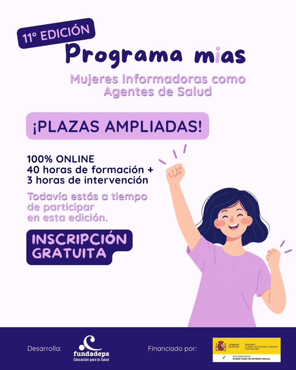 FUNDADEPS's tweet photo. 💜 ¡Plazas ampliadas para la 11.ª edición de #MIAS!

Formación gratuita y 100 % online:
40 h de formación + 3 h de intervención práctica.

📌 Consulta los requisitos y solicita tu plaza desde el enlace de nuestra bio.

#FUNDADEPS #FormaciónGratuita https://t.co/QpWq3h2dN8