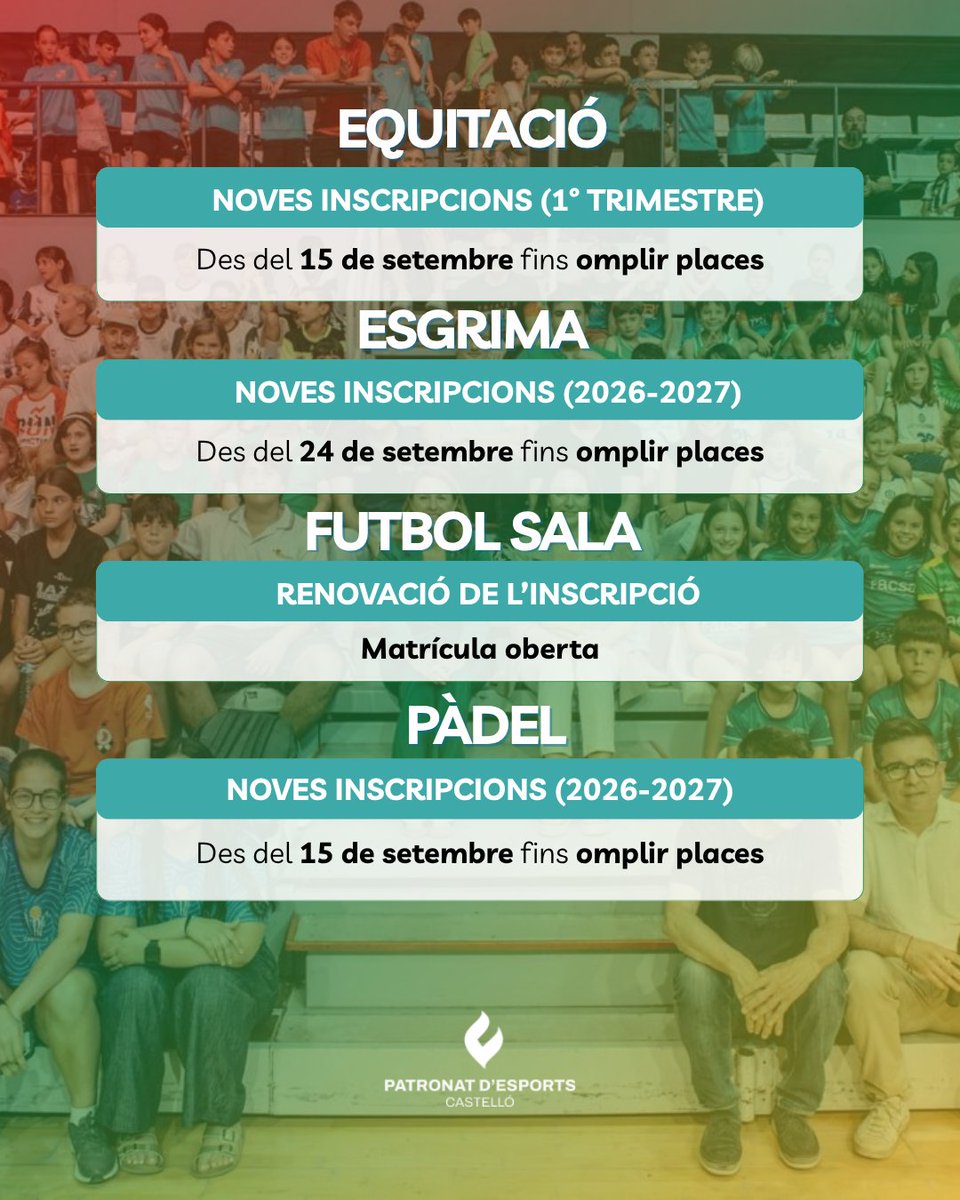 PatronatEsports's tweet photo. 📣 Nova temporada d'esport amb les Escoles Esportives Municipals!

📅 Consulta les dates d'inscripció de cada escola esportiva i no et quedes sense la teua plaça.

Tota la informació en 🔗 https://t.co/CU3fcWL7CT

Castelló, capital de l'esport. 

#CastellóÉsEsport https://t.co/kcOE7Mbh6b