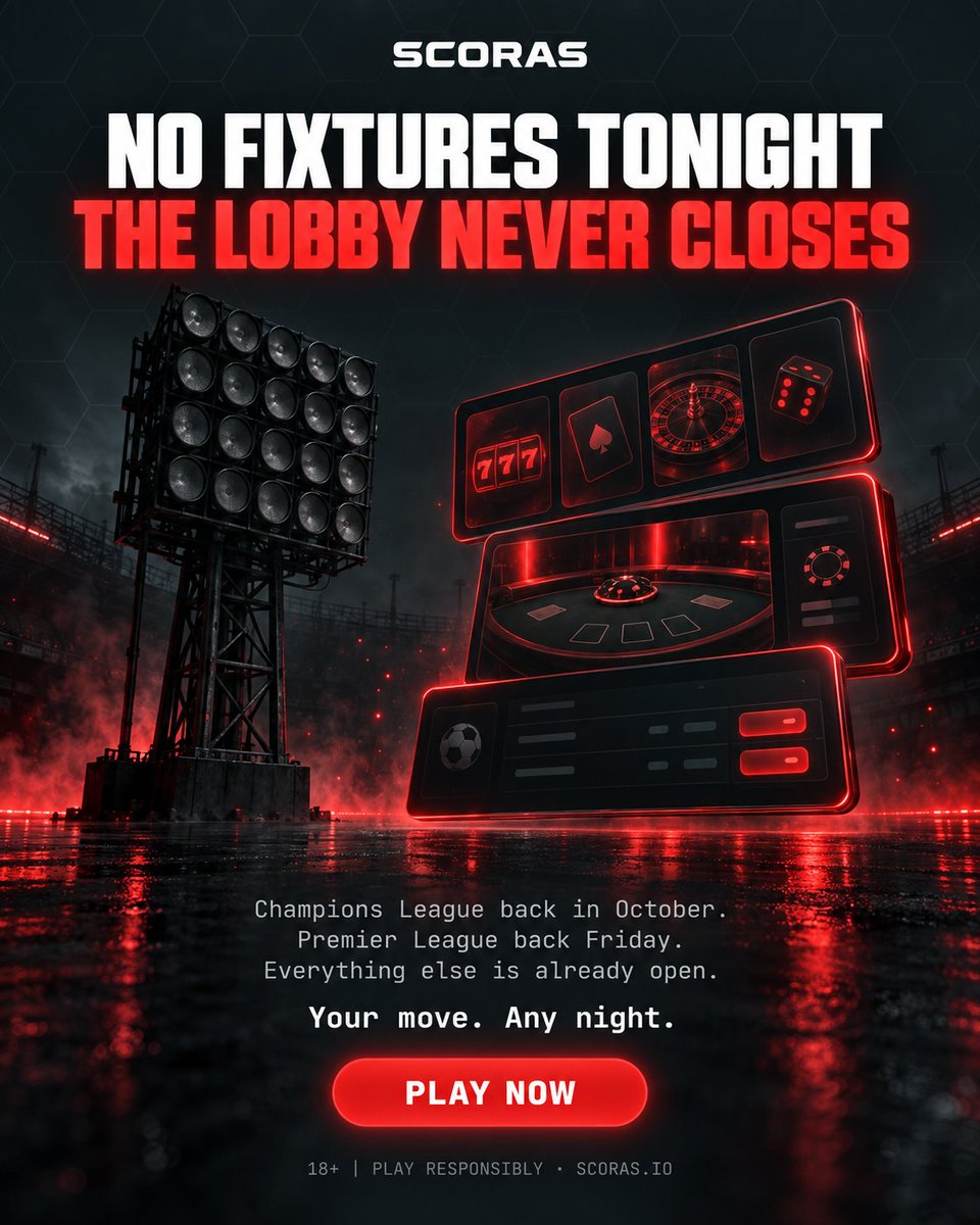 Scorasio's tweet photo. No fixtures tonight. Four days until the next one.

The Champions League is gone until October. The Premier League is back Friday. In between, the lobby never closes.

Instant rounds, live tables.

https://t.co/Kwtu9ocpqn

18+ | Play Responsibly https://t.co/lN8gqKDzyR