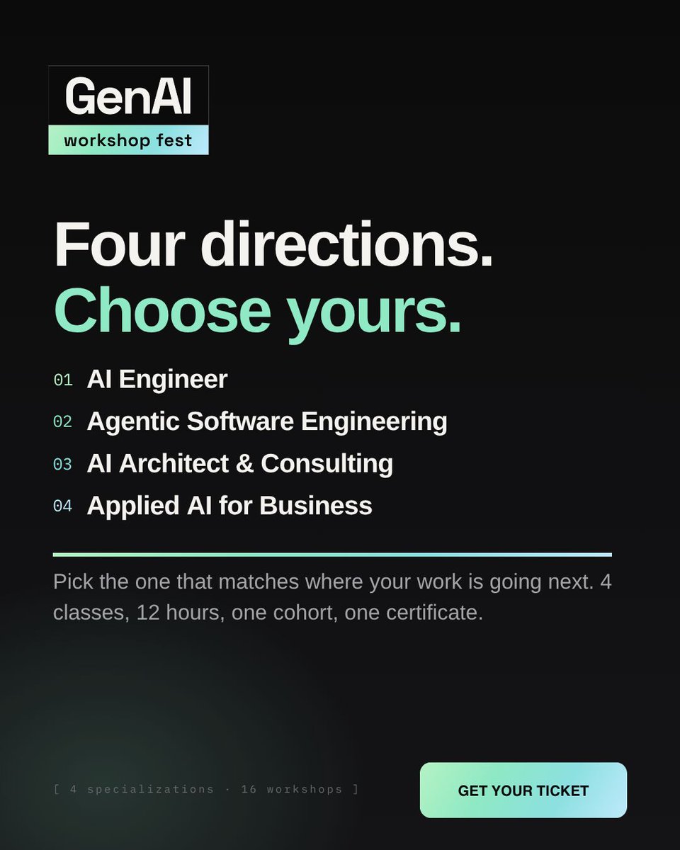 GenAIWFest's tweet photo. Which direction fits where you want to go next?

4 specializations · 4 classes per track · 12 hours of focused learning.

📍 València · 9–10 Nov 2026
🎟️ Get your ticket → https://t.co/mmDRI3ML16 

#GenAIWorkshopFest https://t.co/7APbGB9q05