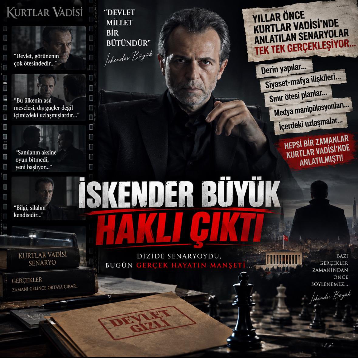 tdb_istanbul's tweet photo. Yıllar önce ekrana gelen bir senaryo…
Bugün yaşanan gelişmelerle yeniden gündemde.

Kurtlar Vadisi yıllar boyunca devlet, istihbarat, güç mücadeleleri ve perde arkasındaki ilişkiler üzerine birçok senaryo işledi.

Bugün bazı gelişmelerin dizideki sahneleri hatırlatması ise ister istemez aynı soruyu yeniden gündeme getiriyor:

“Senaryo muydu, yoksa bazı gerçekler yıllar önce mi anlatılıyordu?”

İskender Büyük’ün sözleri bugün yeniden tartışılıyorsa, mesele yalnızca bir dizi sahnesi değildir.
Bazen kurgu, gerçeği anlamak için bir ayna olur.

İskender Büyük… Haklı çıktı mı?

#KurtlarVadisi #İskenderBüyük #PolatAlemdar #TürkDizileri #Gündem #Senaryo #GerçekHayat #DerinDevlet