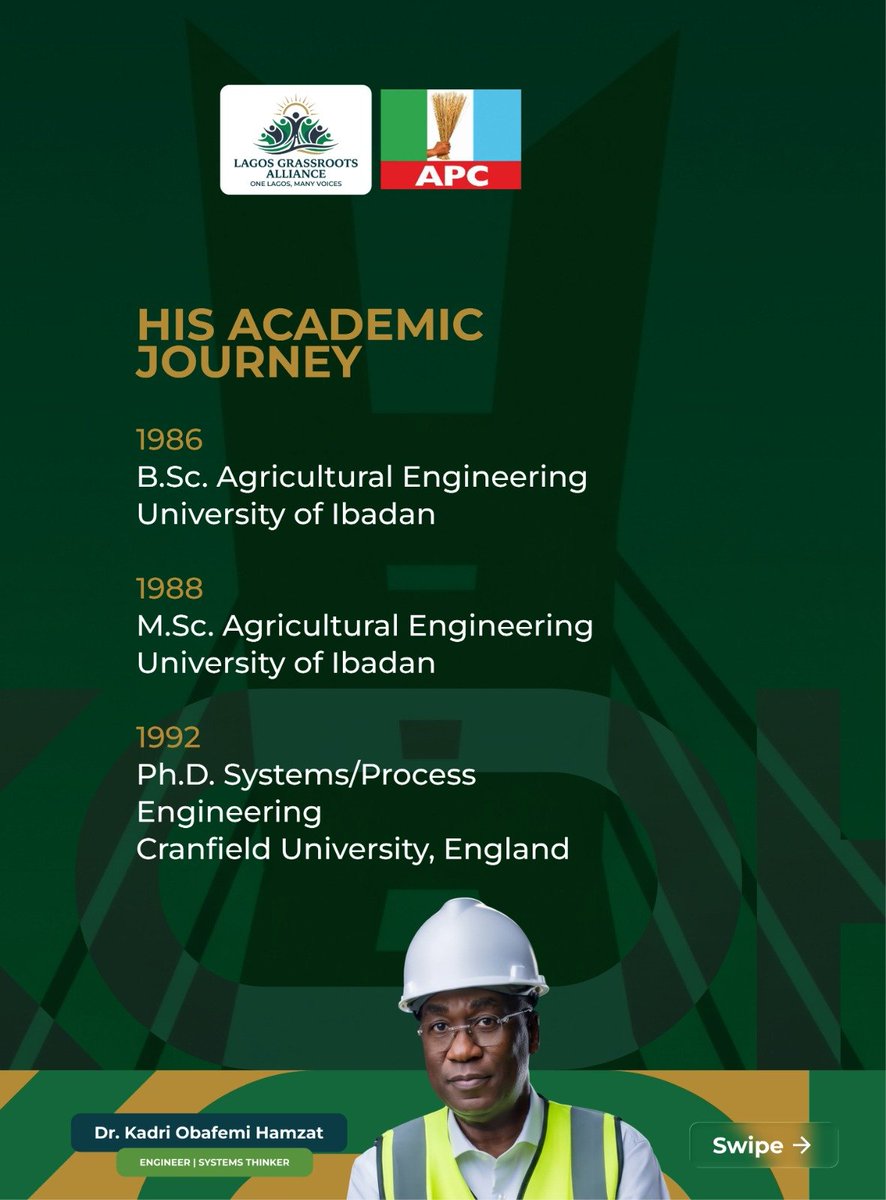 Lagosgrassroots's tweet photo. THE ENGINEER.

Engineering shaped the thinking behind the vision.

From Agricultural Engineering to Systems/Process Engineering, Dr. Kadri Obafemi Hamzat’s journey reflects a foundation built on knowledge, problem-solving and service.

KOH 2027 !!!
 The Next Chapter of Service. https://t.co/bdvgqZky8e