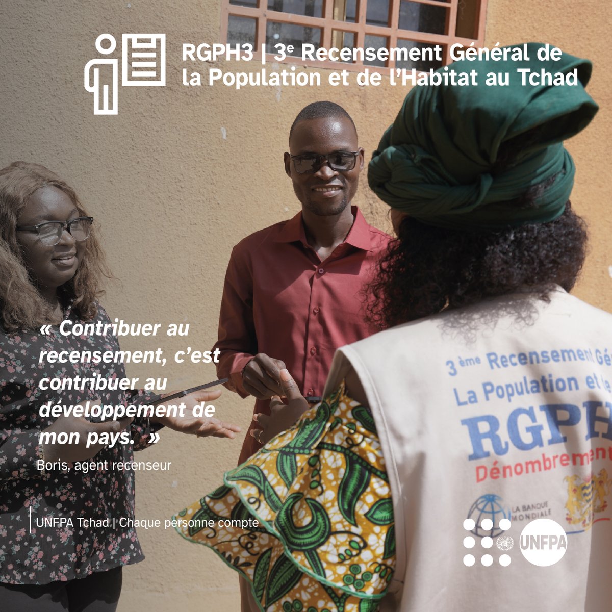 UNFPATCHAD's tweet photo. Pour Boris, agent recenseur, le RGPH3 est un acte citoyen. Formé aux outils numériques, il collecte les données qui façonneront le développement du Tchad. Compter aujourd’hui pour mieux préparer demain !  #RGPH3 #ChaquePersonneCompte https://t.co/pSF4aKLA9m
