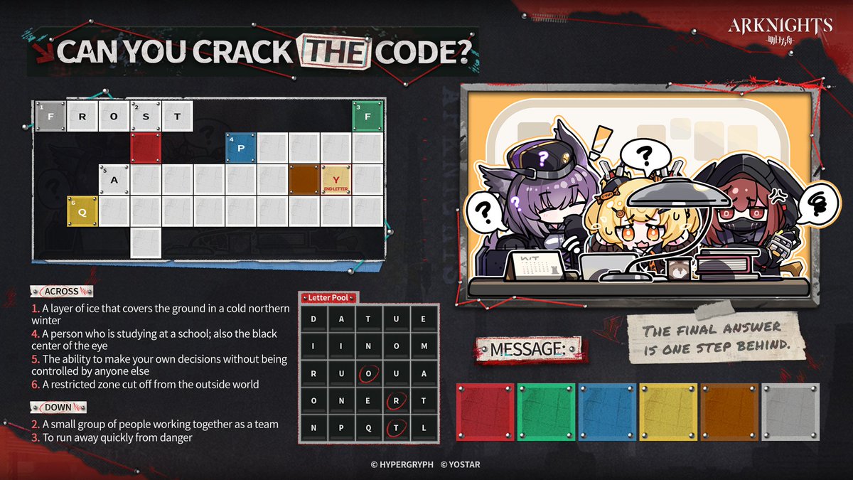 ArknightsEN's tweet photo. Katorga has gone silent for days, save for a faint electric hum in the dark. But a signal is breaking through the blockade. Can you decode it?

Join Gummy and the others. Follow every clue, decipher the messages from Katorga, and help the students break free.

Share your deciphered messages on X / Facebook with #Arknights #CracktheCode for a chance to win event rewards!

Event Rewards:
10 total winners across the event series (X & FB) · $25 Google Play / Apple Gift Card

Event Period:
Sep 19-26 (UTC-7)

#Yostar