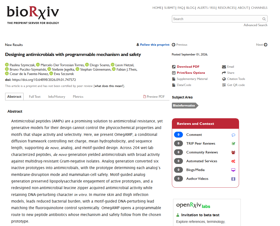 delafuentelab's tweet photo. What if peptide design could become programmable?

Excited to share our new OmegAMP preprint, where we explore a step toward moving generative AI from simply producing candidate molecules to designing peptides with controllable properties and functions.

OmegAMP enables control over fundamental physicochemical properties (including length, charge, and hydrophobicity) while also supporting analog and motif-guided design. We experimentally characterized 204 peptides, identifying potent antimicrobials, multifunctional molecules, and lead designs with in vivo efficacy against A. baumannii.

The broader goal is to make molecular design increasingly precise and controllable: using machines not only to discover biological function, but to help us understand and engineer it for human health.

Grateful for a wonderful interdisciplinary collaboration with @szymczak_pau, @mdt_torres, Diogo Soares, @leon_het, Bruno Puczko-Szymański, Stefanie Jegelka, @guennemann, @fabian_theis, @ewa_szczurek, and our colleagues across @CompHealthMuc, @HelmholtzMunich, @TU_Muenchen, @MunichCenterML, @MdsiTum, @WydzialMIMUW, @Penn, @CBE_Penn, @PennBioeng, @PennEngineers, @PennMedicine, @PennChemistry, @PennMicro, @PennPsych, and @PennSAS.

Link to paper: https://t.co/rubiir9Clw
