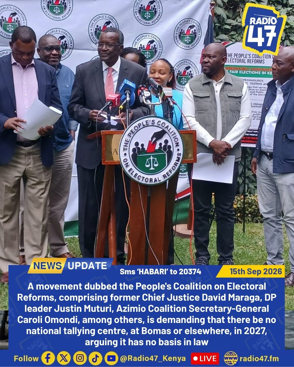 Radio47_Kenya's tweet photo. The People's Coalition on Electoral Reforms comprising former CJ David Maraga demands 5 electoral reforms before 2027 elections including the removal of the national tallying centre.

#HapaNdipo #HabariZaRadio47 https://t.co/AFvvDjHzsF