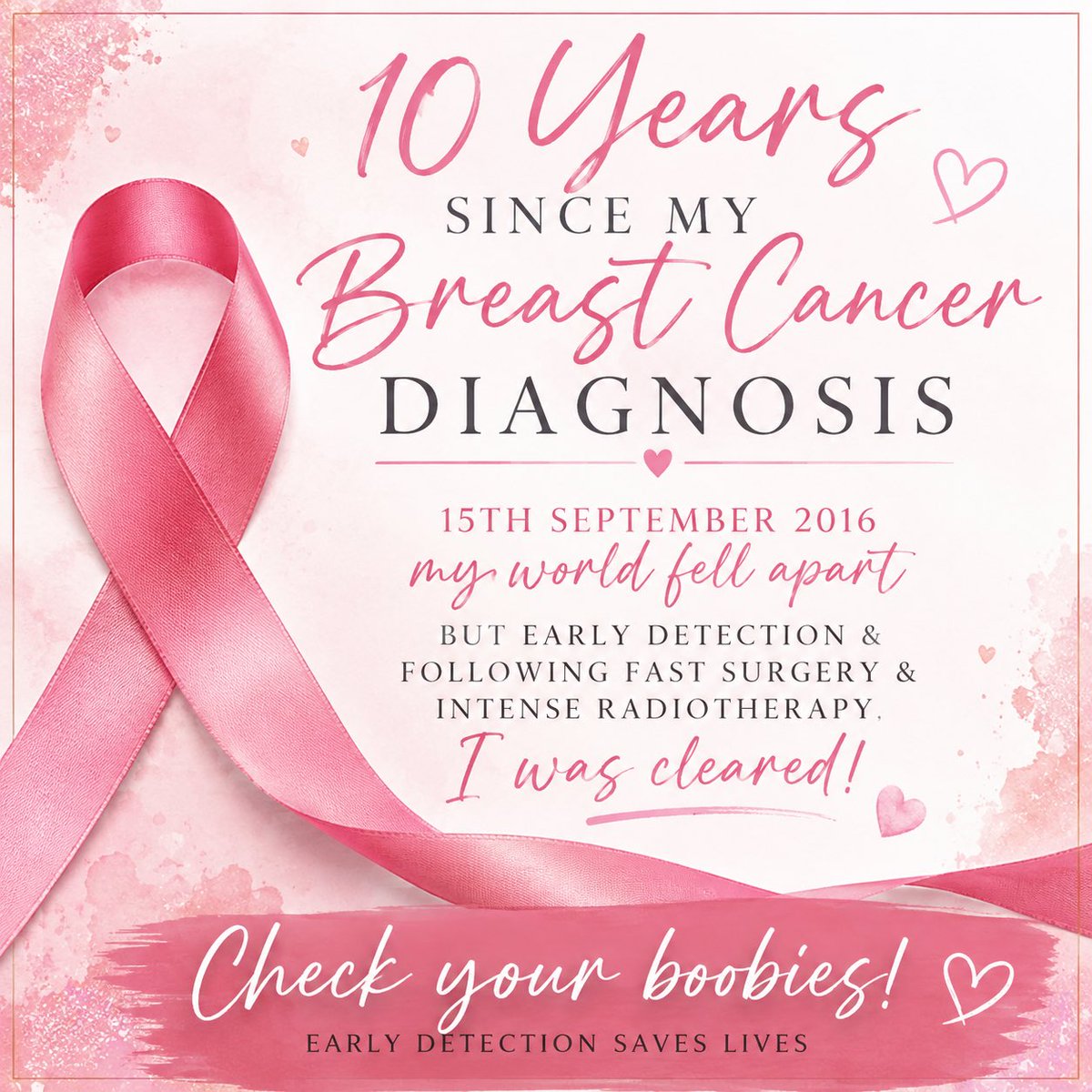 suzemathews's tweet photo. 10 yrs today my world changed forever. I was diagnosed with breast cancer. It was caught early &amp; I was treated quickly with a lumpectomy + 5wks intensive radiotherapy. I’m now off all meds &amp; the healthiest ever..but that diagnosis changed more than just my health. It changed me! https://t.co/SbTk9Vv42L