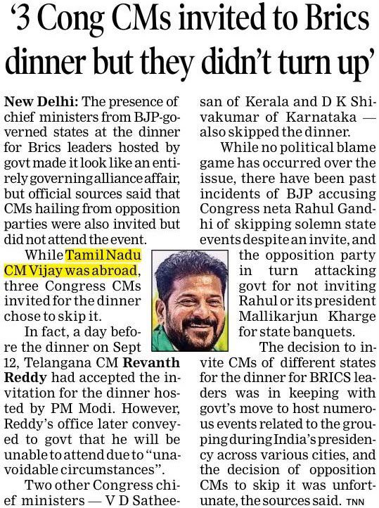 amitmalviya's tweet photo. Political and ideological differences are an inseparable part of politics. But when it comes to India and the national interest, there should be no room for personal animosity or partisan discord.

It is therefore deeply distressing that three Congress Chief Ministers invited to the BRICS leaders’ dinner chose not to attend.

The BRICS Summit was not a BJP event, nor a political platform. It was an international summit hosted by India, representing the Republic of India and its interests before the world.

Opposing PM Modi is one thing. But has the Congress now reached a point where, in opposing Modi, it ends up opposing India’s national interests and diplomatic engagements as well?

Politics can wait. India comes first.

Declining an invitation to an international engagement of this stature for partisan reasons is not just unfortunate, it is deeply disappointing and shameful.
