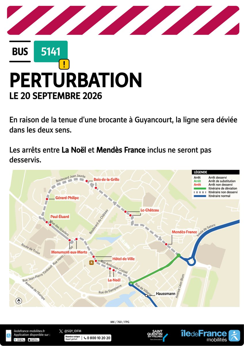 SQY_IDFM's tweet photo. 🚧 #Perturbation #Ligne5141
📅 le dimanche 20 septembre
📍 Brocante, Guyancourt

❌ entre La Noël et Mendès France inclus non desservis
▶ + d’infos : https://t.co/RJPdV4uUDN https://t.co/C54N0zYO1y
