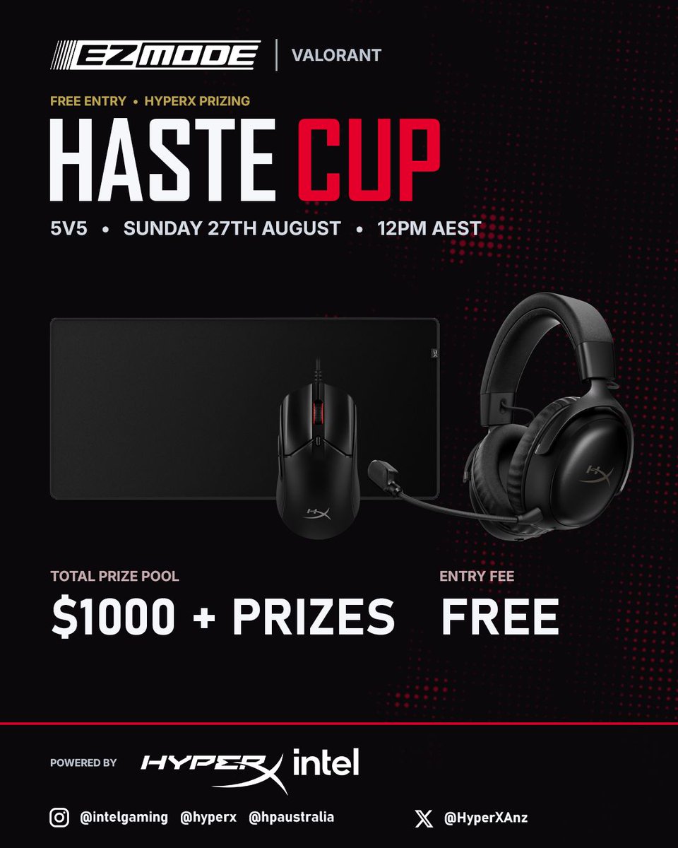 EZmodeGG's tweet photo. Haste Cup is full. All 32 spots gone.

VALORANT 5v5, single elim, every match Bo3, $1,000 AUD on the line.

Missed out? The waitlist is open. Teams drop, spots move.

Sun 27 Sep, 3:30pm AEST.
https://t.co/0ASKnQNGoj https://t.co/pNuULk6LRk