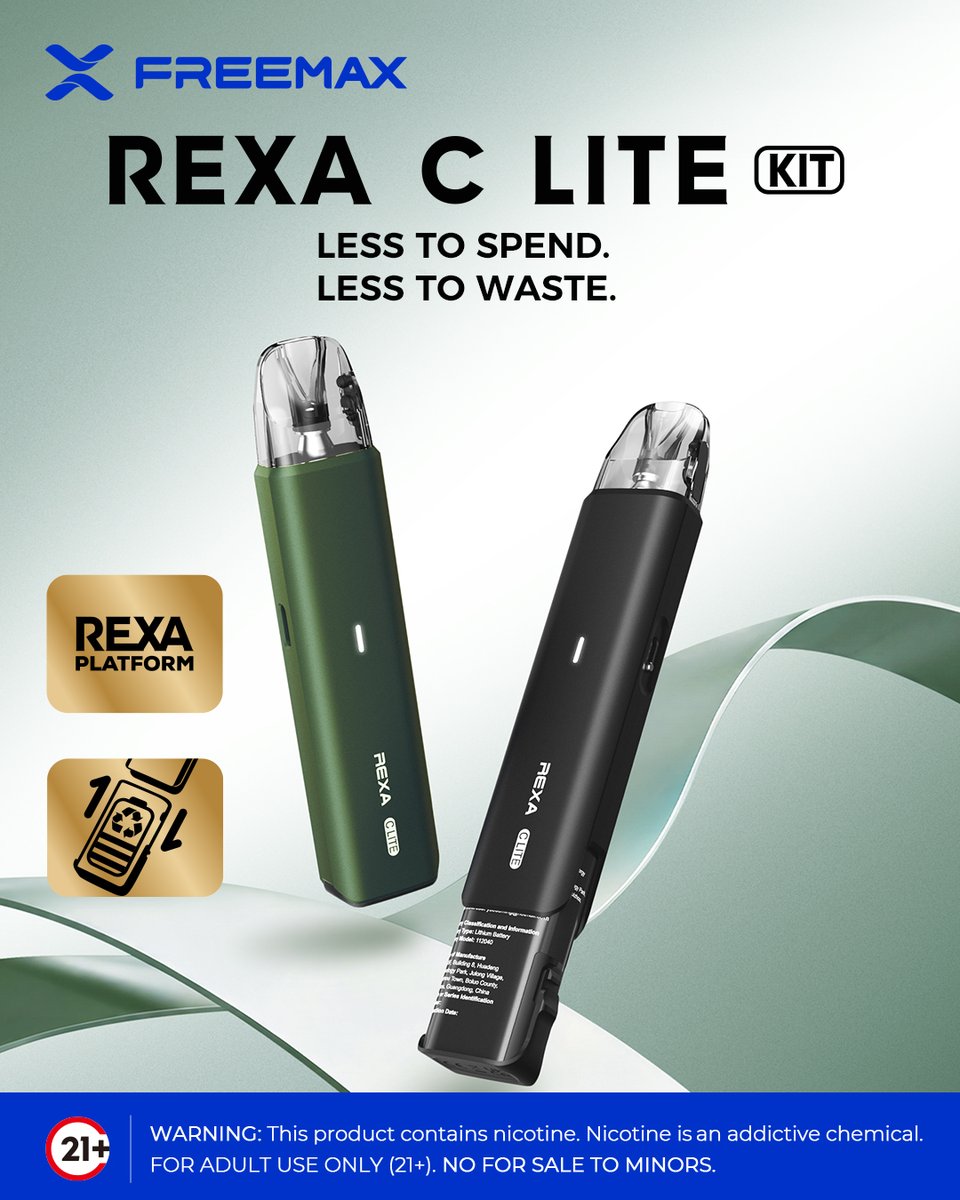 Freemaxvape's tweet photo. The REXA family just got a new member.

REXA C Lite brings a removable 1000mAh battery and full REXA pod compatibility into one clean, practical design.

Less to spend. Less to waste.

#FREEMAX #REXACLite #REXAPlatform #OpenPodSystem https://t.co/LuG8Hyn8xJ
