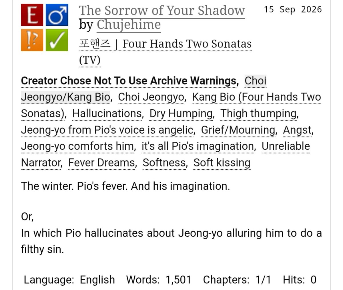 chujehime's tweet photo. #Jeongpio fic

dry humping, hallucinations, angst, soft Jeong-yo, imagination
https://t.co/rhj9TyJMfy https://t.co/dquYPytPde