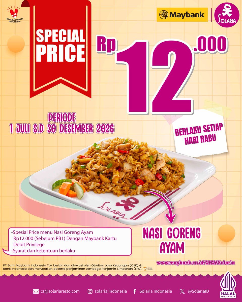 SolariaID's tweet photo. Panggilan buat pecinta Nasi Goreng Ayam! 

Setiap Rabu, #Solarians bisa nikmatin Nasi Goreng Ayam cuma 12 ribu pakai Kartu Debit Maybank Privilege

Penasaran kan? Makanya besok jangan lupa merapat ke Solaria yaa #Solarians! 💛

S&K Berlaku
*Periode s.d 30 Desember 2026
*Berlaku hanya setiap hari Rabu
*Berlaku untuk 1x/transaksi/Nasabah/periode
*Berlaku menggunakan Jenis Kartu Debit Maybank Privilege

#PromoSolariaMaybank #PromoSolaria #MayBank #SolariaIndonesia #solariaresto