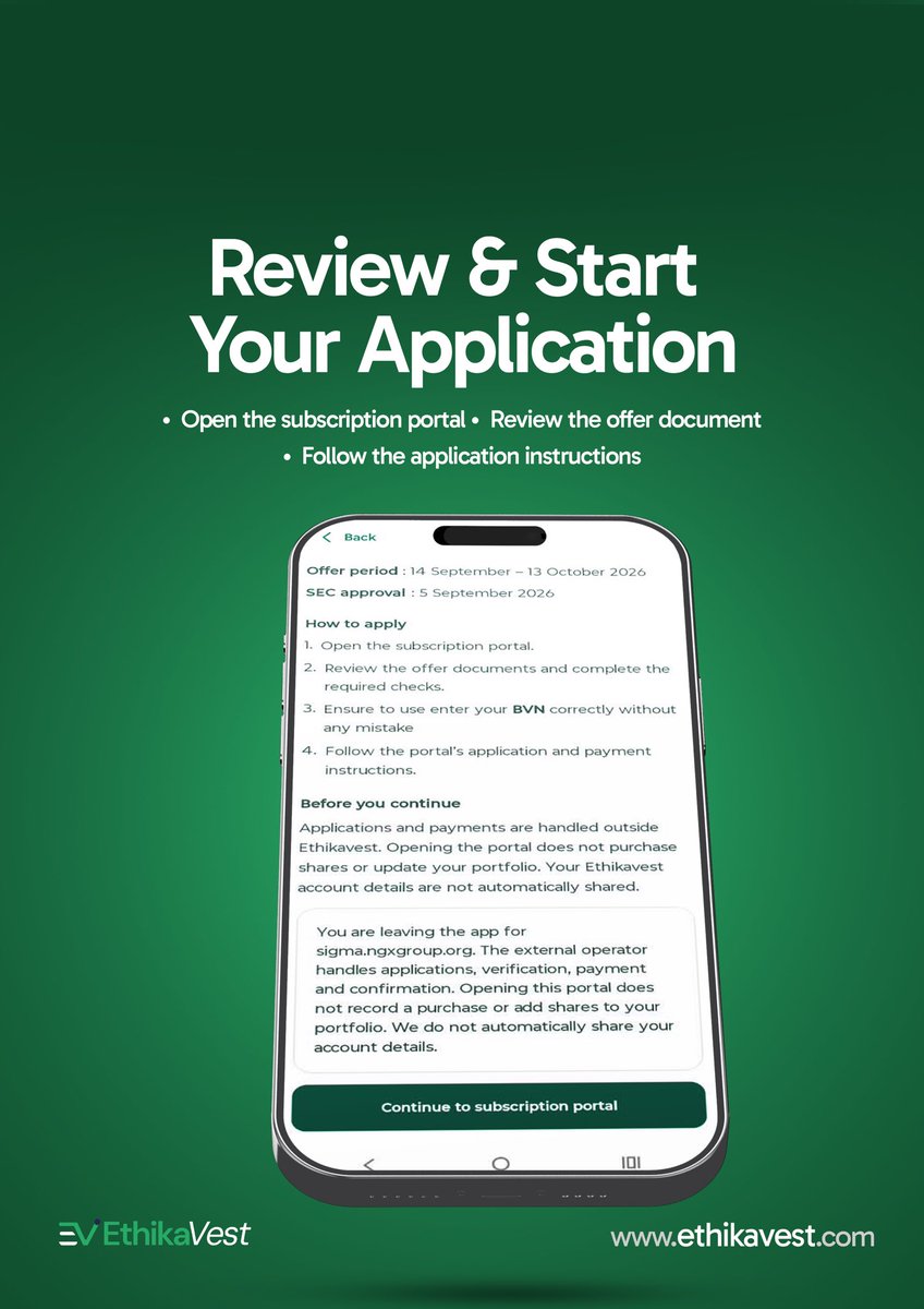EthikaVest's tweet photo. How to apply for the Dangote Refinery IPO through EthikaVest 👇

Follow the step-by-step guide to find the offer and complete your application.

Already applied? Email support@ethikavest.com with your details and quantity applied for so we can assist with tracking your allocation.

Full Name
Email Address
BVN
Quantity Bought
Amount Paid
 
If a new CHN and CSCS number was created for you during the purchase, please include those details as well.