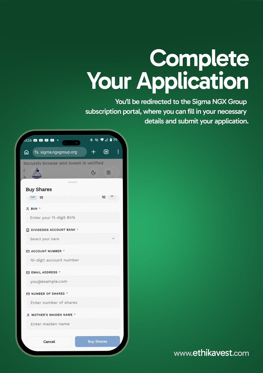 EthikaVest's tweet photo. How to apply for the Dangote Refinery IPO through EthikaVest 👇

Follow the step-by-step guide to find the offer and complete your application.

Already applied? Email support@ethikavest.com with your details and quantity applied for so we can assist with tracking your allocation.

Full Name
Email Address
BVN
Quantity Bought
Amount Paid
 
If a new CHN and CSCS number was created for you during the purchase, please include those details as well.