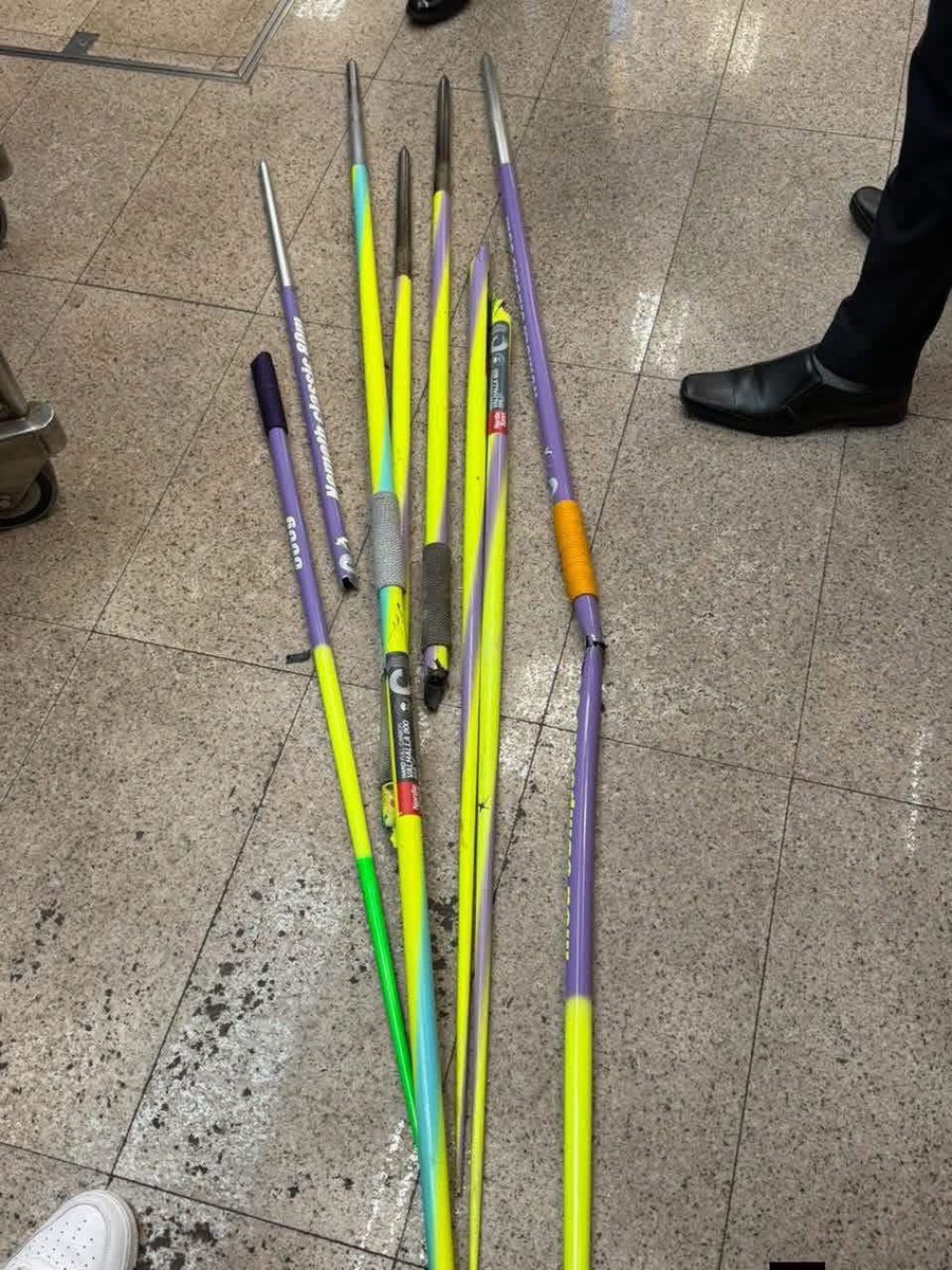 KaviSenu's tweet photo. Here is Rameshiya's broken javelin. 👀
The ones in the photo are from the Nemeth Javelins Hungary brand. These aren't ordinary javelinsthey are the ones used in world-class competitions.

In Sri Lankan currency, a single javelin is worth more than Rs. 300,000 - 500,000*.
It looks like four javelins are broken. That means a loss of more than 1.5–2 million rupees (15-20 lakhs). Whether they were deliberately broken or accidentally snapped, we can't say for sure without seeing it with our own eyes. Ideally, the airline involved should pay for the damage. Anyway, the kid won't let this bring him down. 🙏 🇱🇰

#turkishairline