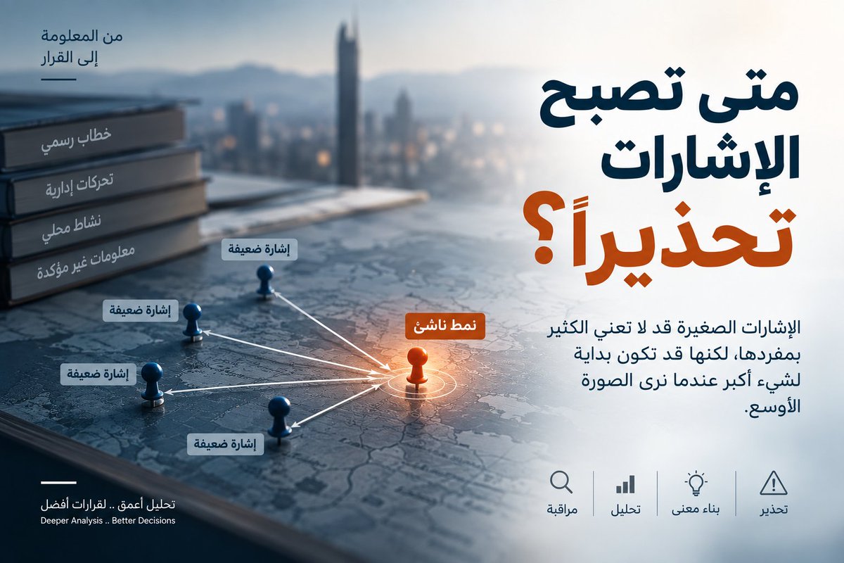 orhanakzade's tweet photo. الإشارة الضعيفة لا تصبح مهمة لأنها أقوى بالضرورة؛ قد تصبح مهمة لأن إشارات أخرى ظهرت بجوارها، وبدأ بينها نمط يستحق الانتباه.

السؤال الأهم ليس: هل الإشارة قوية؟
بل: متى تصبح مجموعة الإشارات كافية لتغيير قرار المؤسسة؟

#WeakSignals #IntelligenceAnalysis https://t.co/mBAgx2W1z6