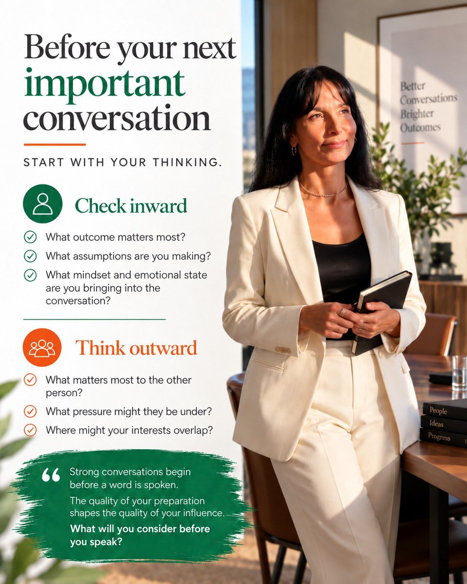 Nada_Elmarji's tweet photo. Before an important conversation, preparation goes beyond what you want to say.

Check inward. Think outward.

A few questions to consider before you step into the room.

#Leadership #ExecutiveCoaching #Communication https://t.co/ZRmM1cqD99