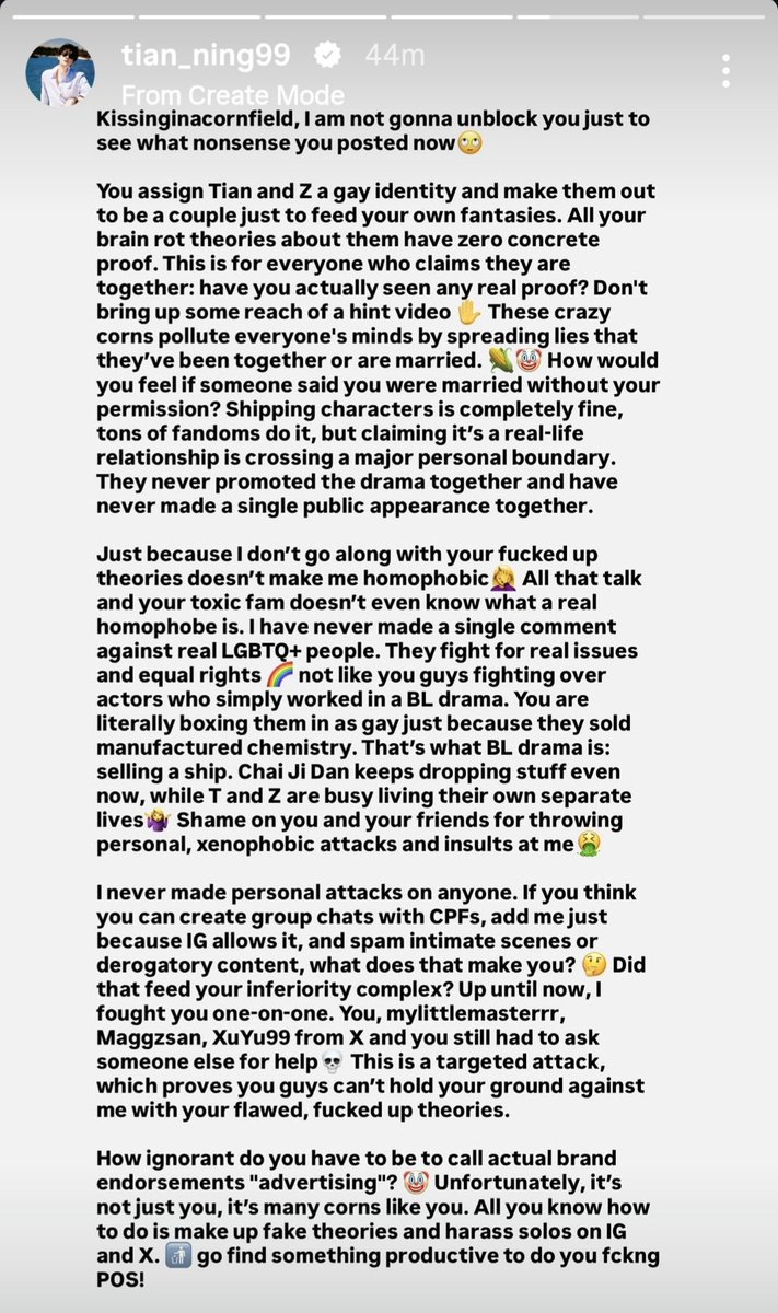 KIACornfield's tweet photo. Hiding behind her  IG @Tian_Ning99 🤣 Dad would never want a homophobic POS like you as fan 💩 you're disgusting trash that doesn't just fantasise about making a stranger your HUSBAND but you wish harm to the LOVE OF HIS LIFE! The universe will balance your scales 😌💅🏻 https://t.co/m62ipY6avn