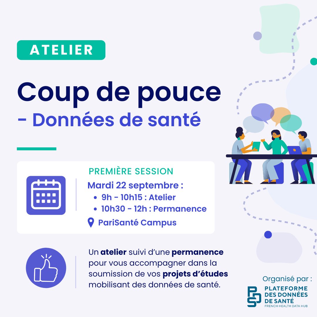 healthdatahub's tweet photo. 📢 Vous vous lancez dans un projet mobilisant des données de santé ? 
👍Participez au premier atelier "Coup de Pouce – Données de santé" organisé par la Plateforme des données de santé :
🗓️ Mardi 22 septembre à 9h
📍 @PariSanteCampus  
Inscrivez-vous ➡️ https://t.co/OKXz2evgOq https://t.co/ey75EH0nRi