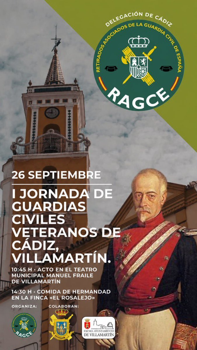 FraileMorinigo's tweet photo. 📍 @cadizragce celebrará el 26 de septiembre en Villamartín la I Jornada de Guardias Civiles Veteranos de Cádiz.
Un homenaje a nuestros mayores, su historia, valores y legado. 🇪🇦
@guardiacivil
#SiempreGuardiaCivil 
#RAGCE #GuardiaCivil #Veteranos https://t.co/XrXx6ebXuU