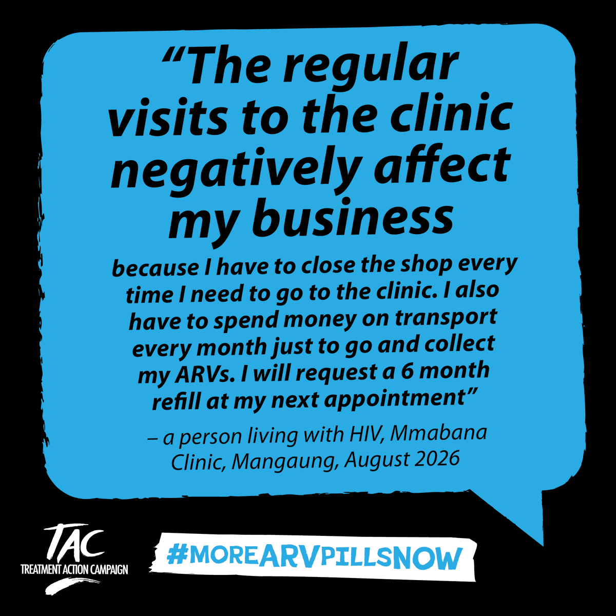TAC's tweet photo. “The regular visits to the clinic negatively affect my business b/c I have to close the shop every time I need to go to the clinic.... I will request a 6 month refill at my next appointment” #MoreARVPillsNow @HealthZA https://t.co/ktM50QkaEM