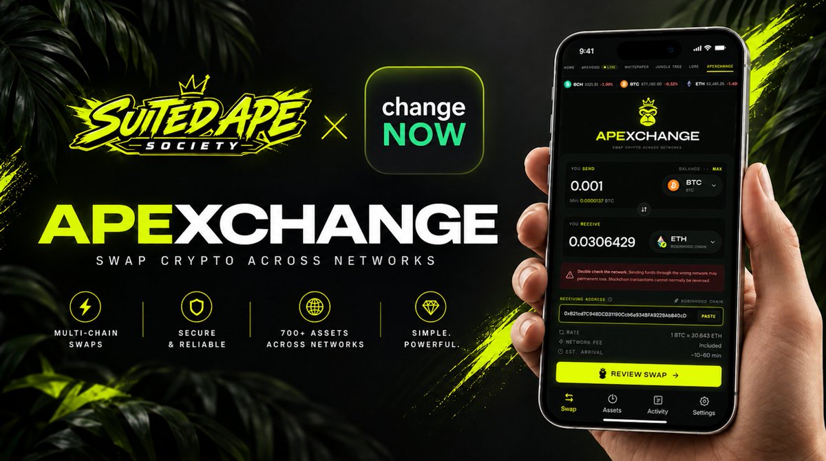 TheSuitedApes's tweet photo. 🚨 PARTNERSHIP ANNOUNCEMENT 🚨

Did you know you can swap ANY crypto across networks WITHOUT ever connecting your wallet?

Introducing ApeXchange 🦍⚡

Powered through our partnership with @ChangeNOW, giving you access to 700+ assets across multiple networks.

No wallet connection
Multi chain swaps
Simple and secure

Start swapping 👇
 https://t.co/PPL2xivzbj

#SuitUp #Robinhoodchain