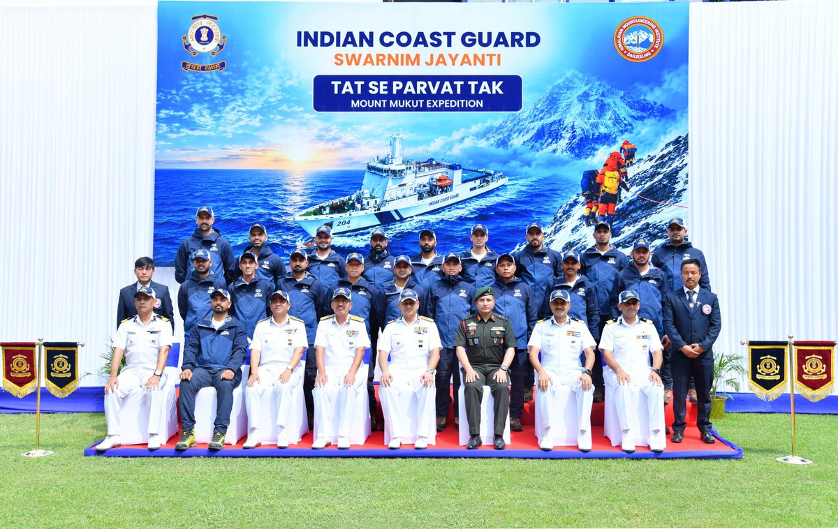 IndiaCoastGuard's tweet photo. Scaling new heights, from ocean to mountain peaks!  

@IndiaCoastGuard mountaineering team is all set to embark on the ultimate test of human endurance!

In a grand ceremony today, Director General Paramesh Sivamani, AVSM, PTM, TM, #DGICG officially flagged off the expedition, #TatSeParwat to the formidable Mount Mukut in Uttarakhand, standing tall at 7,242 m (23,760 feet) above sea level.

This challenging climb serves as the crucial last phase of rigorous training as the 19 brave personnel prepare to conquer the majestic Mount Everest for the 2027 ICG's Swarnim Jayanti celebrations. A new legacy of monumental glory begins.

#IndianCoastGuard #MountEverest #MountMukut #SwarnimJayanti #WeProtect