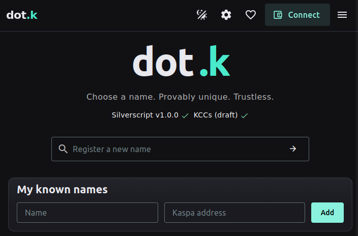 supertypo_kas's tweet photo. 1/12 Introducing dotk 🥳, a name service built different - unique, trustless, decentralized - enforced by covenants. Names are a binding of name (supertypo.k) to an address (kaspa:...). dotk names are cheap, and I have a whole page dedicated to the *why* it exists. Highlights 👇 https://t.co/E0ft85XE0T