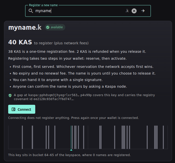 supertypo_kas's tweet photo. 1/12 Introducing dotk 🥳, a name service built different - unique, trustless, decentralized - enforced by covenants. Names are a binding of name (supertypo.k) to an address (kaspa:...). dotk names are cheap, and I have a whole page dedicated to the *why* it exists. Highlights 👇 https://t.co/E0ft85XE0T