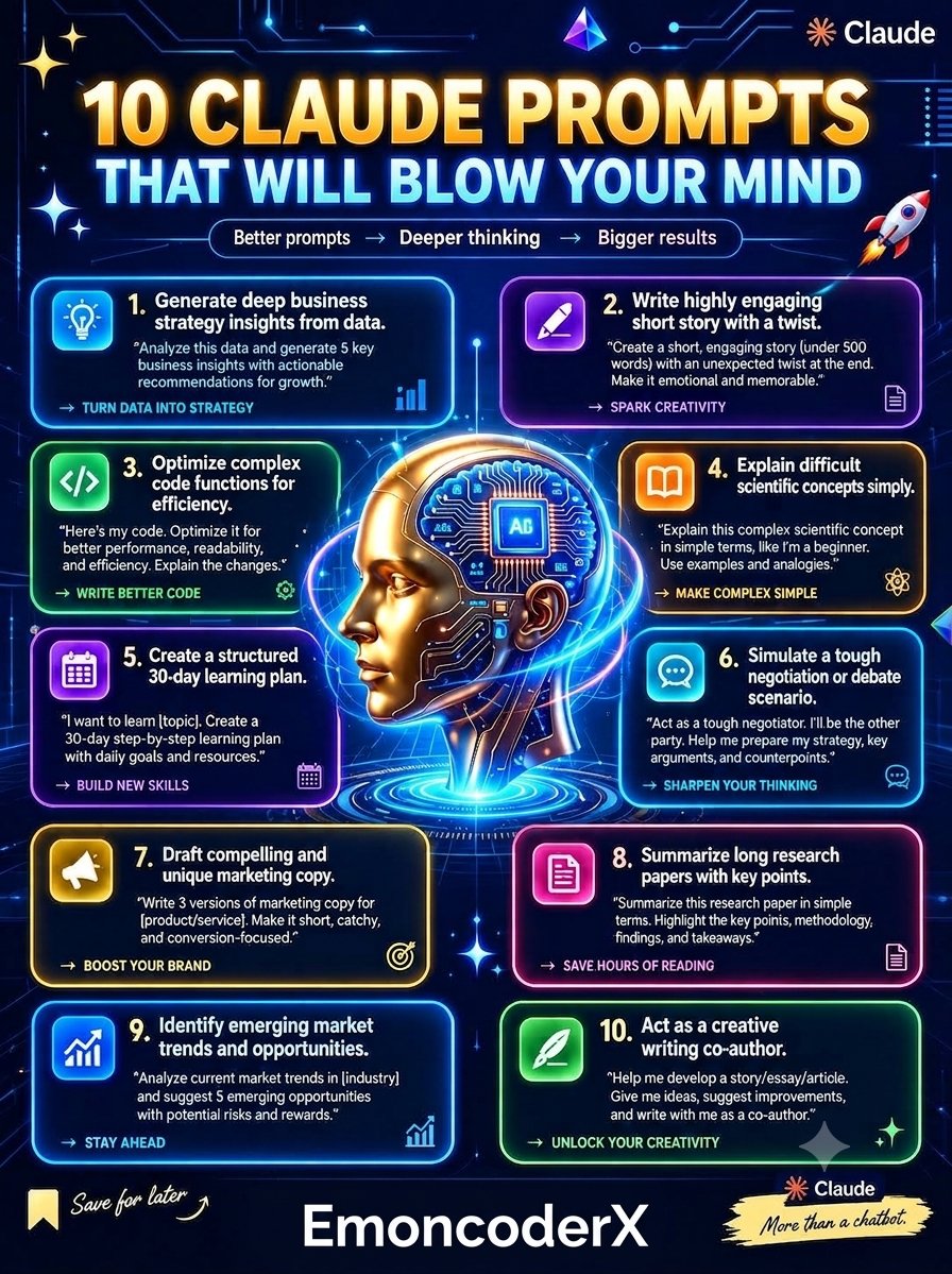 jackcoderE's tweet photo. 🚨 10 Claude Prompts You NEED to Try! 🤯
These prompts can help you think deeper, write better, learn faster, and get better results from Claude. 🧠⚡
Follow . @EmoncoderX
Which one would you try first? 👇
📌 Save this post for later!
🔁 Share it with someone who uses AI. https://t.co/2nt4wwLKG2