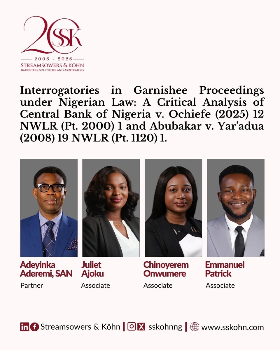 SSKohnNG's tweet photo. This article by our Partner, Adeyinka Aderemi, SAN, and Associates, Juliet Ajoku, Chinoyerem Onwumere and Emmanuel Patrick, contends that garnishee proceedings are a mechanism for judgment enforcement, not a platform for pleading-based discovery.

https://t.co/E7UrDCDVqg https://t.co/wvdM80ryfr