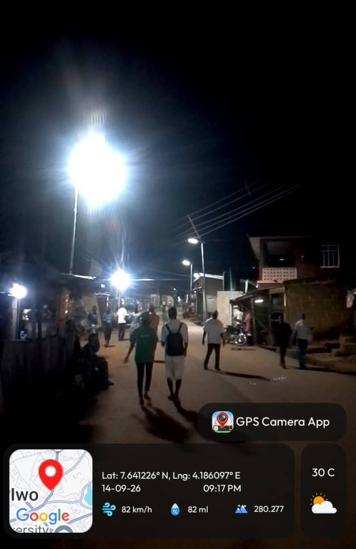 LereOyewumi's tweet photo. My Community Solar Lighting Project has extended its reach to Iwo Town, bringing improved visibility, safety, and renewed vibrancy to communities across the area. The initiative is part of my commitment to promoting grassroots development and delivering impactful projects that directly improve the daily lives of the people. With the installation of solar-powered streetlights, residents and businesses in Iwo can look forward to better-lit streets, enhanced security at night, and a more conducive environment for economic and social activities.