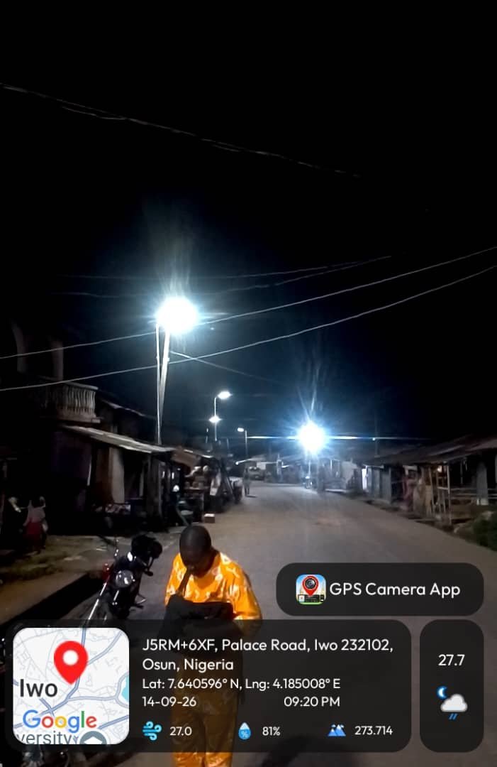 LereOyewumi's tweet photo. My Community Solar Lighting Project has extended its reach to Iwo Town, bringing improved visibility, safety, and renewed vibrancy to communities across the area. The initiative is part of my commitment to promoting grassroots development and delivering impactful projects that directly improve the daily lives of the people. With the installation of solar-powered streetlights, residents and businesses in Iwo can look forward to better-lit streets, enhanced security at night, and a more conducive environment for economic and social activities.