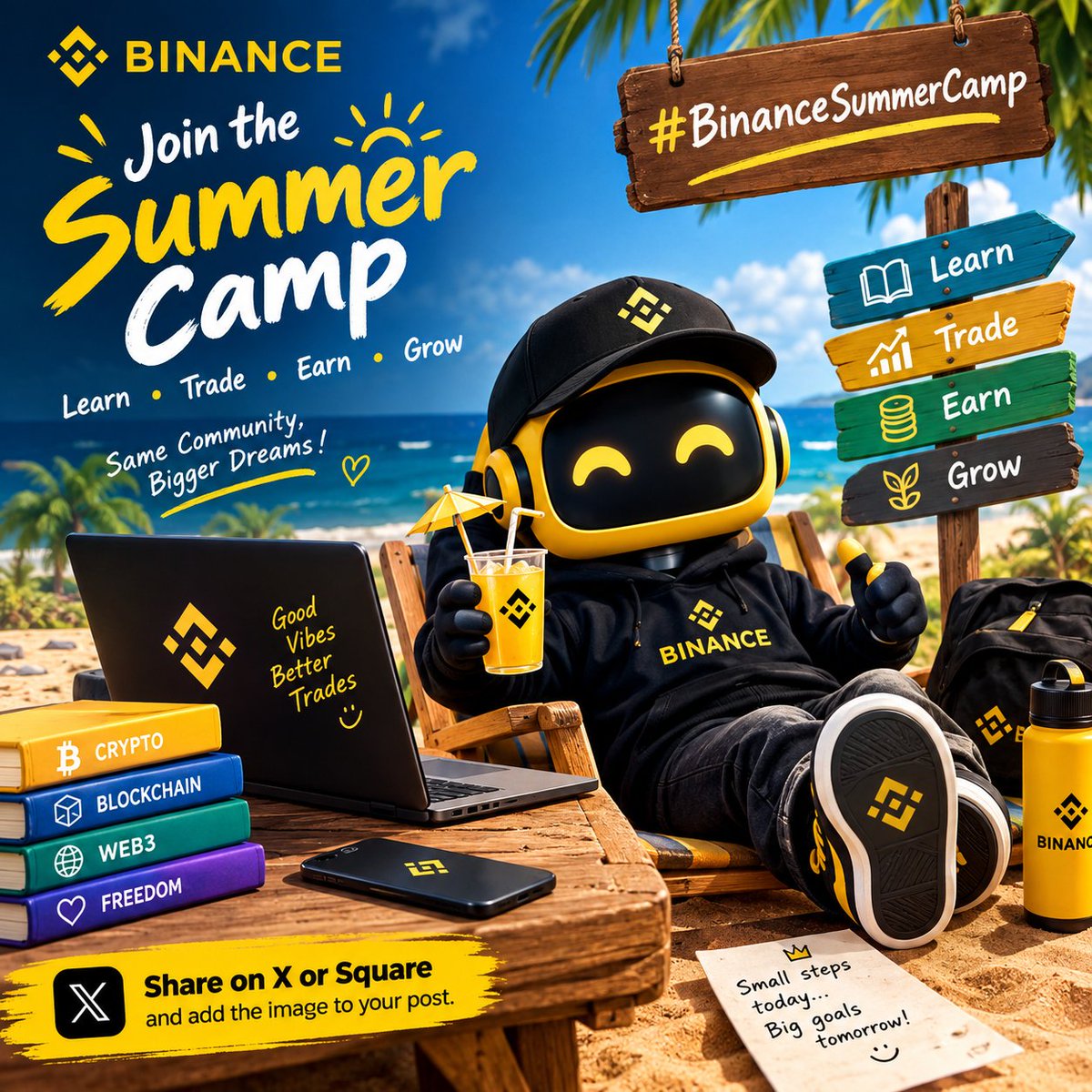 SWADIPTO49's tweet photo. ☀️🏖️ Summer vibes, crypto goals! 🚀

Learning, trading, earning and growing—this summer is all about building bigger dreams with the Binance community. 💛🌱

Let’s make every step count and turn summer energy into crypto knowledge! 🔥

#BinanceSummerCamp https://t.co/sY5N2SvWpt