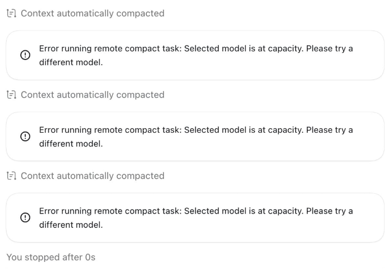 Repeated 'Context automatically compacted' entries in a coding-agent session, each failing with 'Selected model is at capacity'