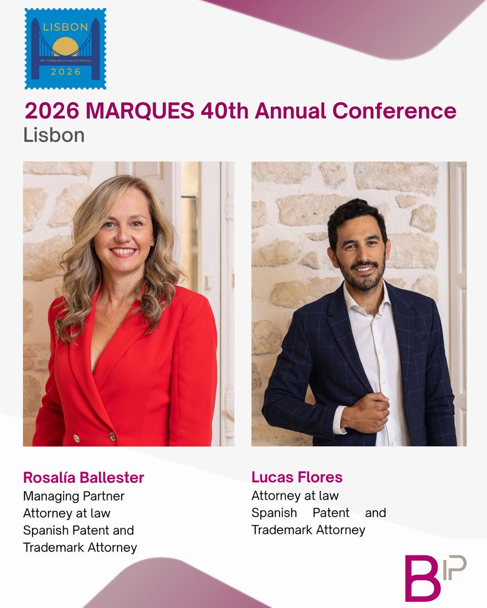 BallesterIP's tweet photo. 🇵🇹 Nuestro equipo estará presente en Lisboa: Rosalía Ballester y Lucas Flores participarán en la próxima conferencia anual de MARQUES del 22 al 25 de septiembre. ¡Esperamos veros allí!😊 

#MARQUES2026 #events #IP https://t.co/uCOPG9d9n1