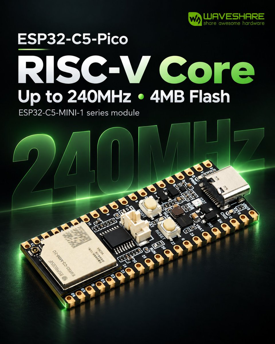 waveshare00's tweet photo. An ESP32‑C5 board with dual‑band Wi‑Fi 6, BLE, Zigbee, Thread, 240MHz RISC‑V CPU, 4MB Flash, Pico‑compatible pinout, Li‑Ion charger, and castellated SMD pins. Ideal for multi‑protocol IoT and battery‑powered applications.

·Part No. ESP32-C5-Pico   
·Description https://t.co/VobBR6dcow
