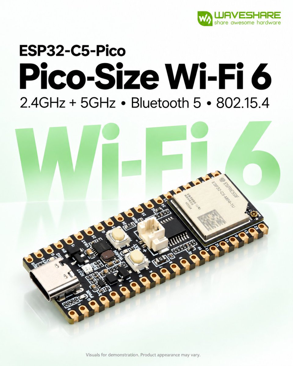 waveshare00's tweet photo. An ESP32‑C5 board with dual‑band Wi‑Fi 6, BLE, Zigbee, Thread, 240MHz RISC‑V CPU, 4MB Flash, Pico‑compatible pinout, Li‑Ion charger, and castellated SMD pins. Ideal for multi‑protocol IoT and battery‑powered applications.

·Part No. ESP32-C5-Pico   
·Description https://t.co/VobBR6dcow