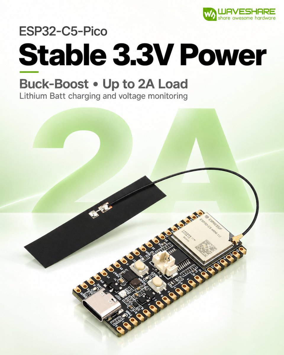waveshare00's tweet photo. An ESP32‑C5 board with dual‑band Wi‑Fi 6, BLE, Zigbee, Thread, 240MHz RISC‑V CPU, 4MB Flash, Pico‑compatible pinout, Li‑Ion charger, and castellated SMD pins. Ideal for multi‑protocol IoT and battery‑powered applications.

·Part No. ESP32-C5-Pico   
·Description https://t.co/VobBR6dcow