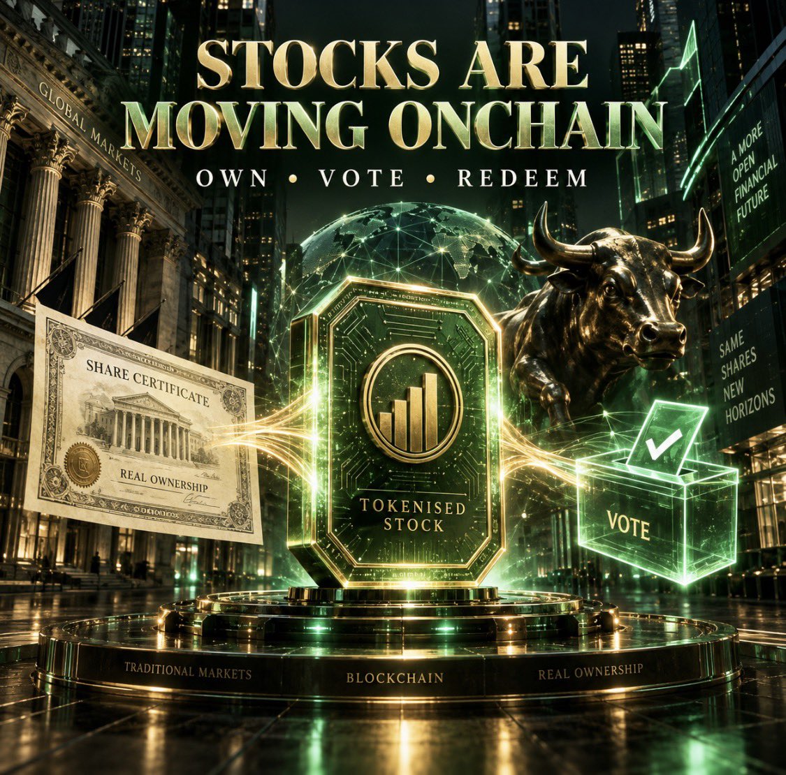 MandoCT's tweet photo. This is a major step forward for tokenised stocks.

Robinhood plans to give eligible Stock Token holders 1:1 share redemption and voting rights.

That means we are moving beyond simply tracking a stock’s price. Token holders could soon gain rights that look much closer to genuine ownership.

Traditional markets are slowly being rebuilt onchain.

Most people will not understand how significant this is until tokenisation becomes the standard.