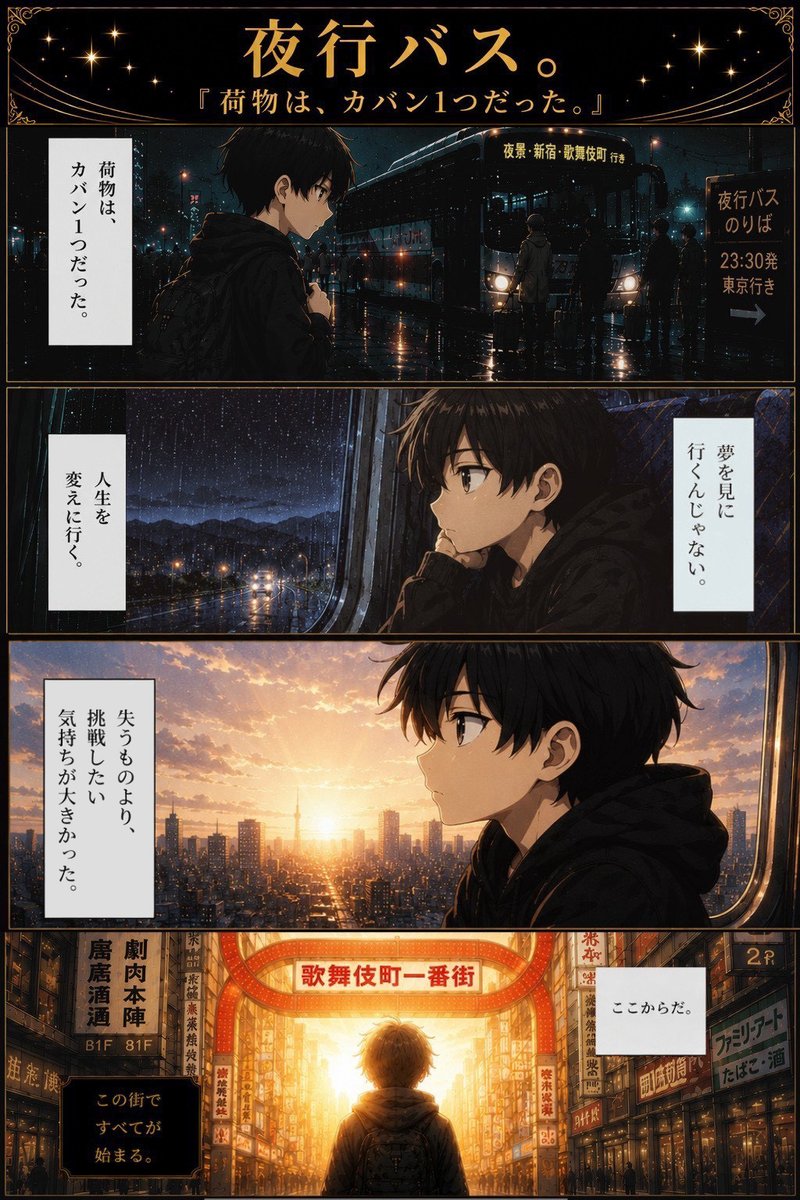 starguys_host's tweet photo. 【ホスト実録漫画】

▼彼は本当に「カバン一つ」で夜行バスに飛び乗った。

⇩ ホストコラム 公開中 ⇩
CANDYS FILM / せいや
https://t.co/bnC5pvZsVM

#スターガイズ #ホスト求人 #CANDYSFILM #セイヤ 

@CANDYS_FILM 
@groupdandy